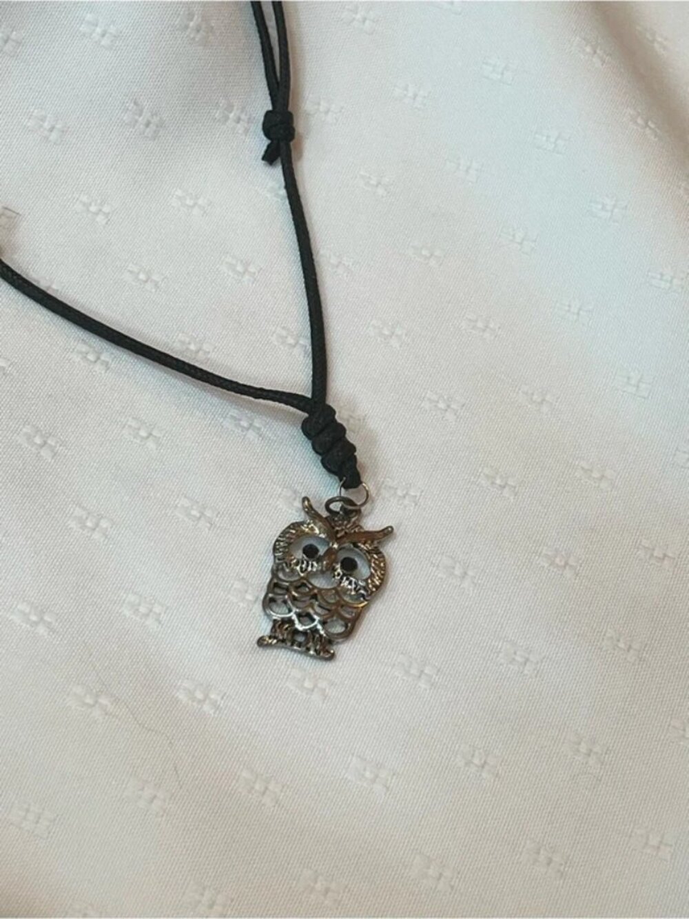 Vintage Silver Tone Owl Pendant Black Cord Adjustable Necklace Y2K